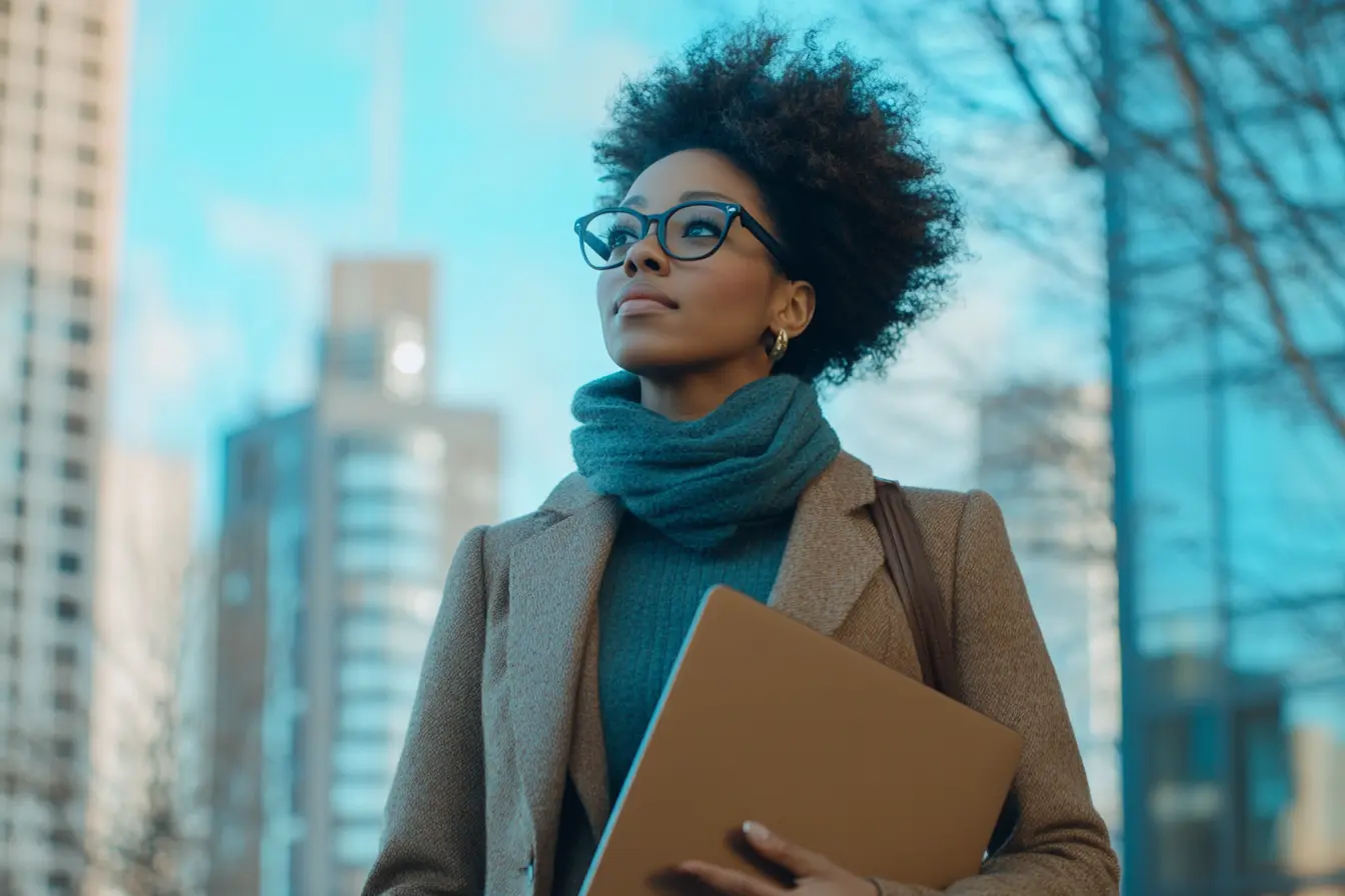 A confident African American woman in a city, holding a laptop, symbolizing focus and determination in her mindset for success and achieving side hustle goals.