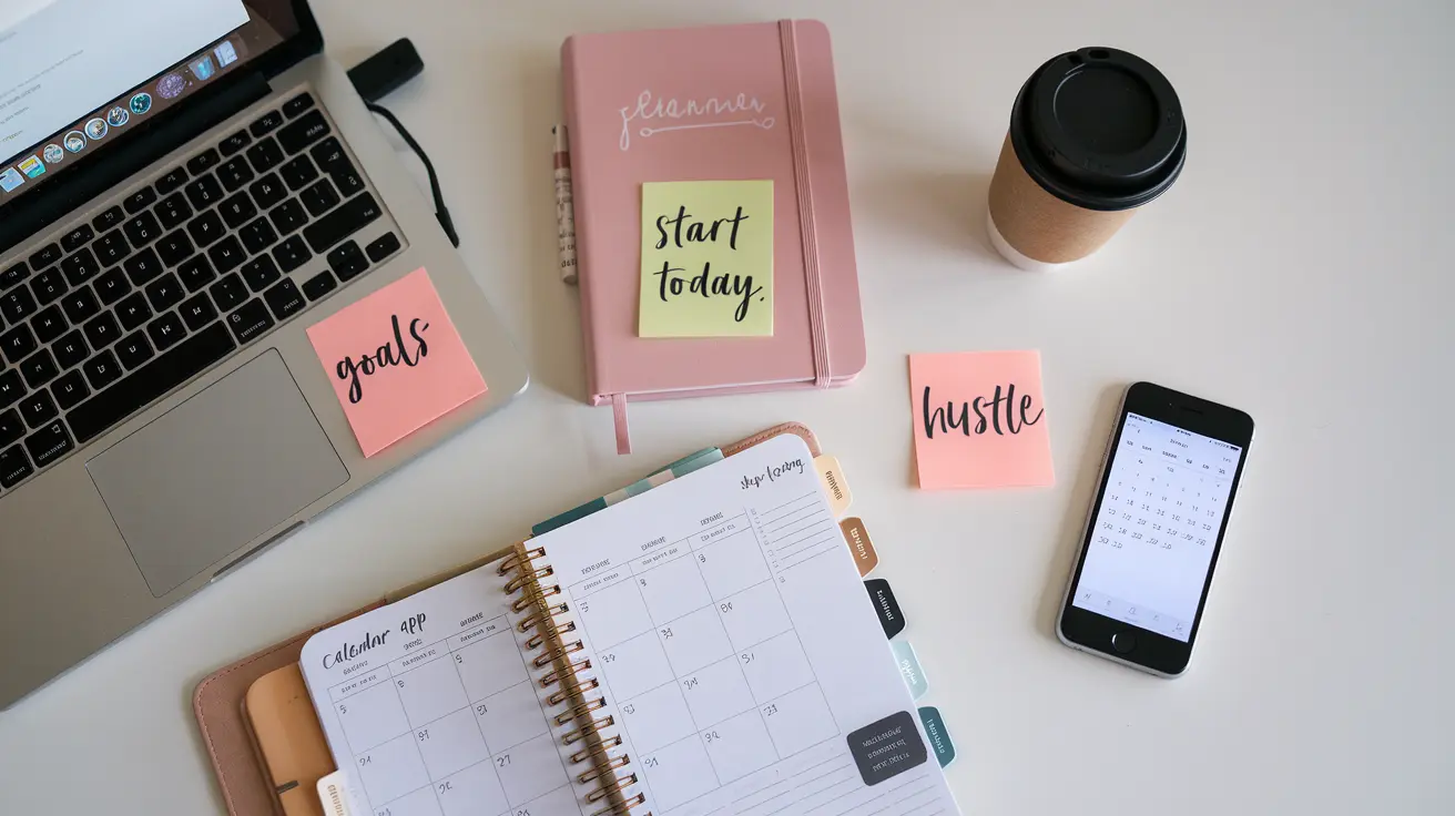 Flat lay of a laptop, planner, sticky notes with words like ‘goals’ and ‘hustle,’ and a smartphone with a calendar app, representing the best side hustles for moms that emphasize organization, goal-setting, and taking action to balance work and family life.