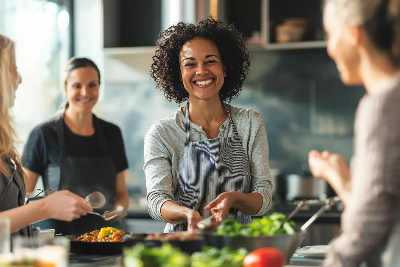 A smiling woman hosting a cooking class as part of an Airbnb Experience, demonstrating the engaging and interactive nature of sharing skills in a hands-on environment.