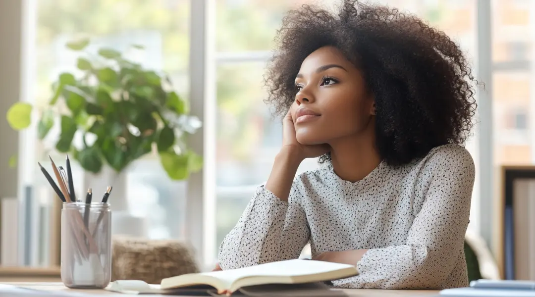 A thoughtful African American woman sitting at a desk, reflecting on her mindset for success while planning with a notebook and pen, symbolizing personal growth and the importance of believing in change.