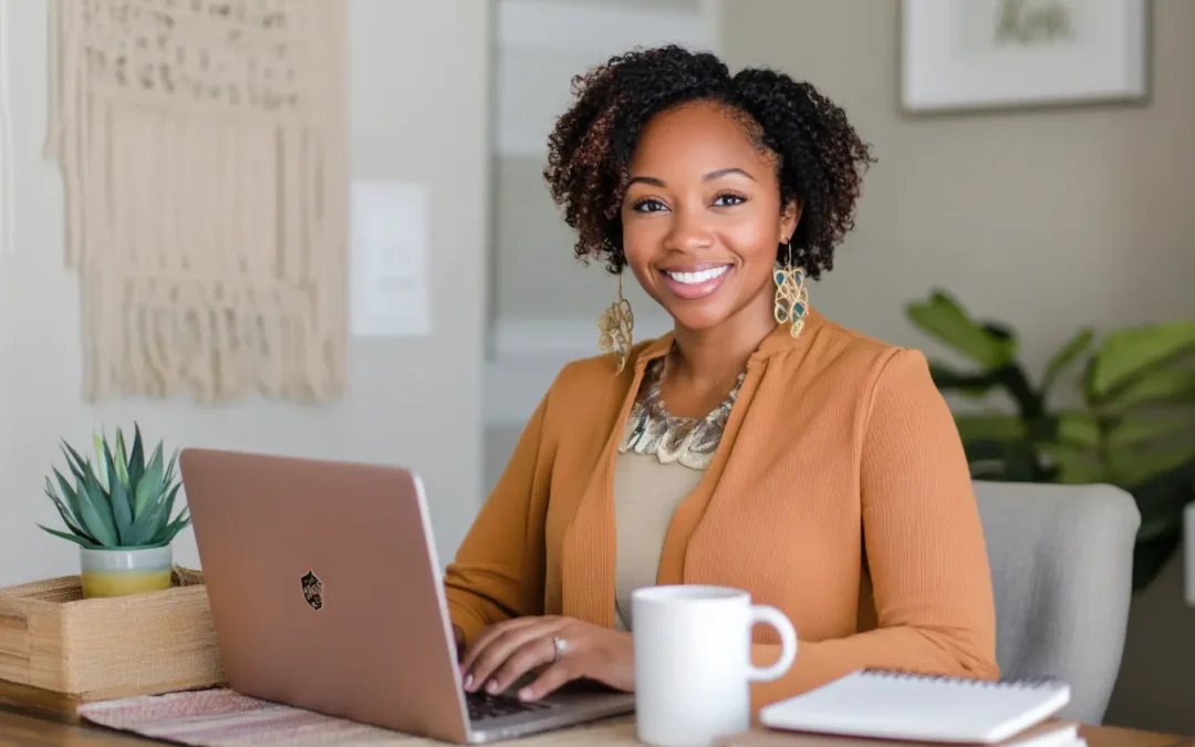 Confident and smiling mom working on passive income ideas at home, using a laptop with a coffee mug and notebook, balancing family and work in a cozy space.