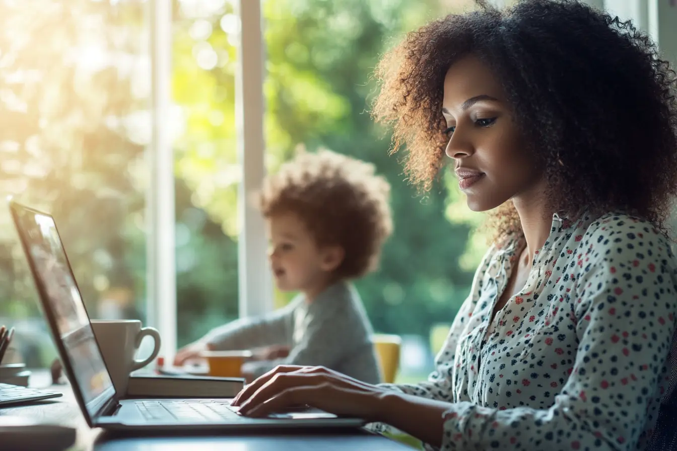 Focused mom working on passive income ideas on a laptop at home while her child plays in the background, showing the balance between family life and work.