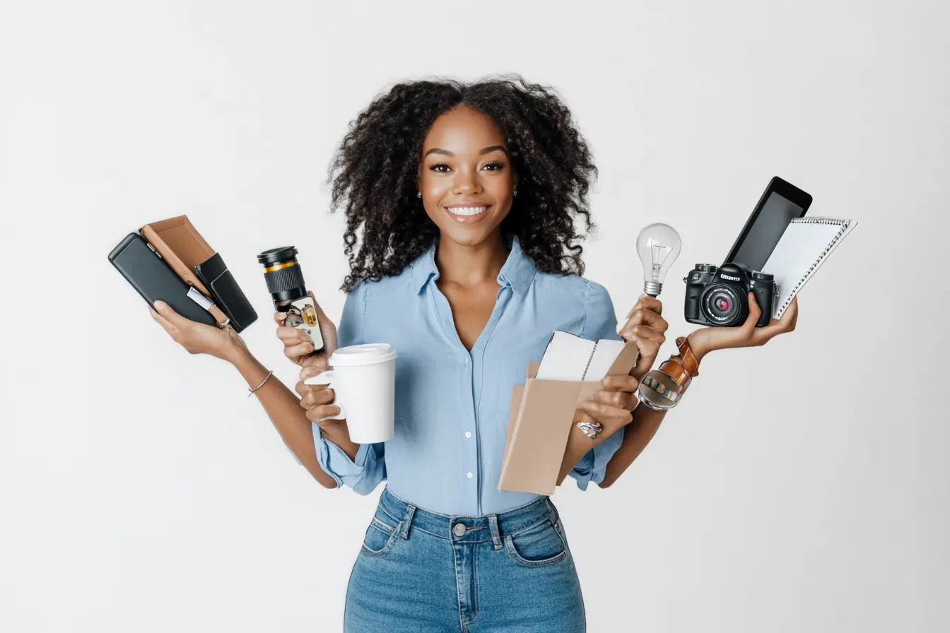 A smiling mom multitasking with various items like a camera, notebook, coffee, and gadgets, representing the best side hustles for moms that leverage creativity, flexibility, and diverse skills to earn extra income.