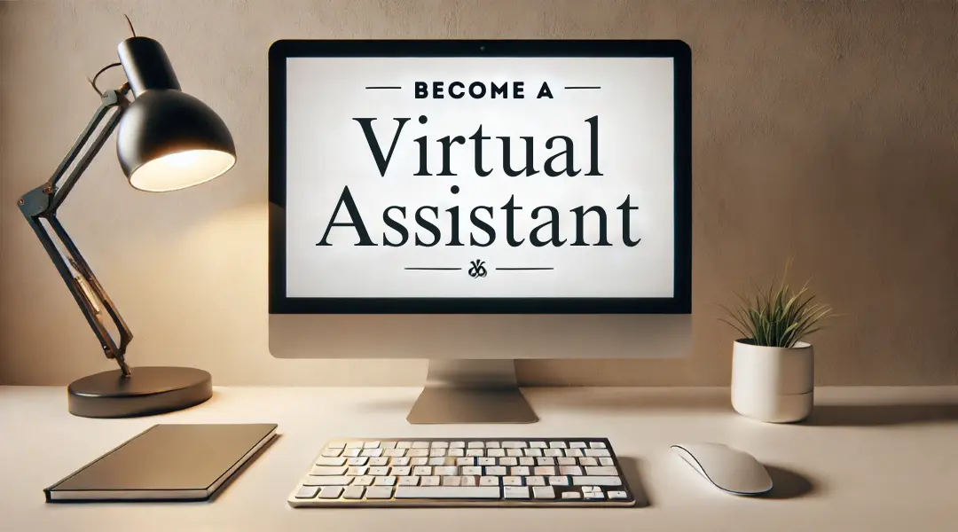 How to become a virtual assistant: computer screen displaying the words 'Become a Virtual Assistant' on a home office desk setup, symbolizing the flexibility and work-from-home nature of virtual assistant roles.