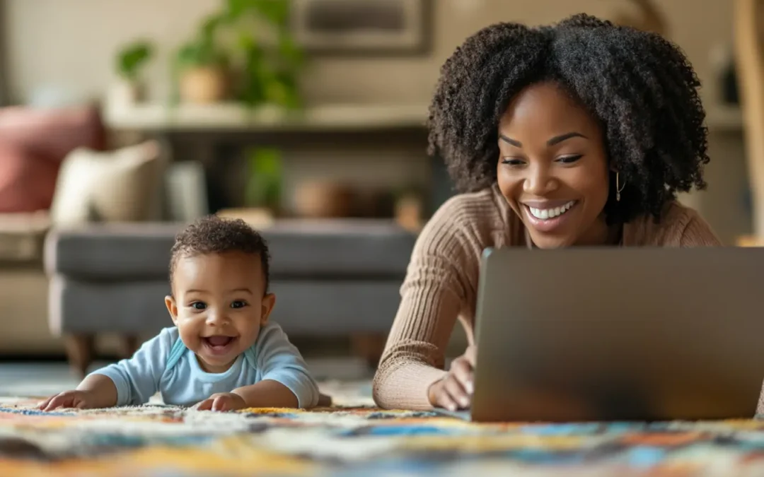 A smiling mom working on a laptop at home while her baby plays nearby, representing the best side hustles for moms that offer the flexibility to work from home and balance family time.