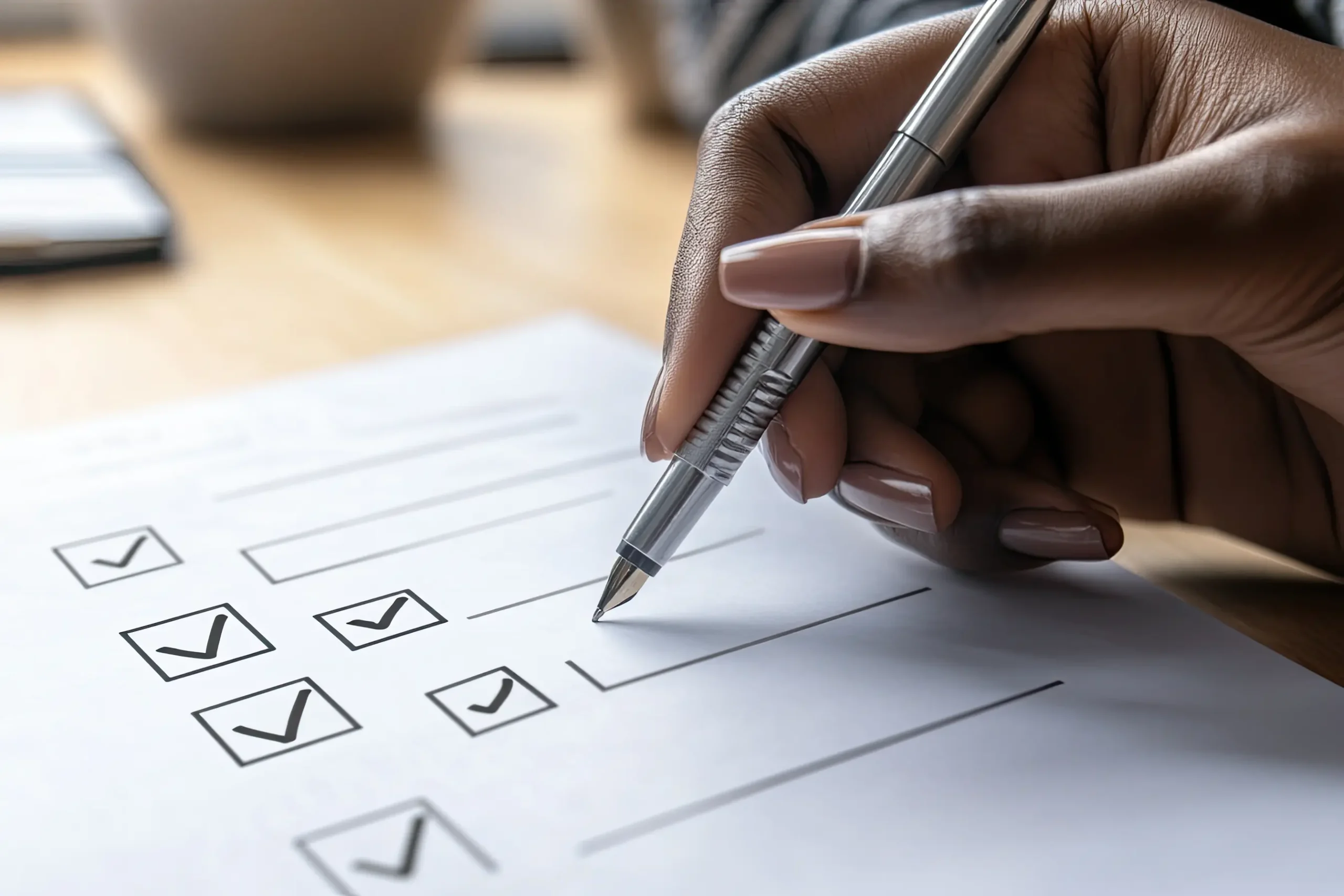 Close-up of a woman’s hand checking off items on a checklist, symbolizing organized planning for starting a side hustle.