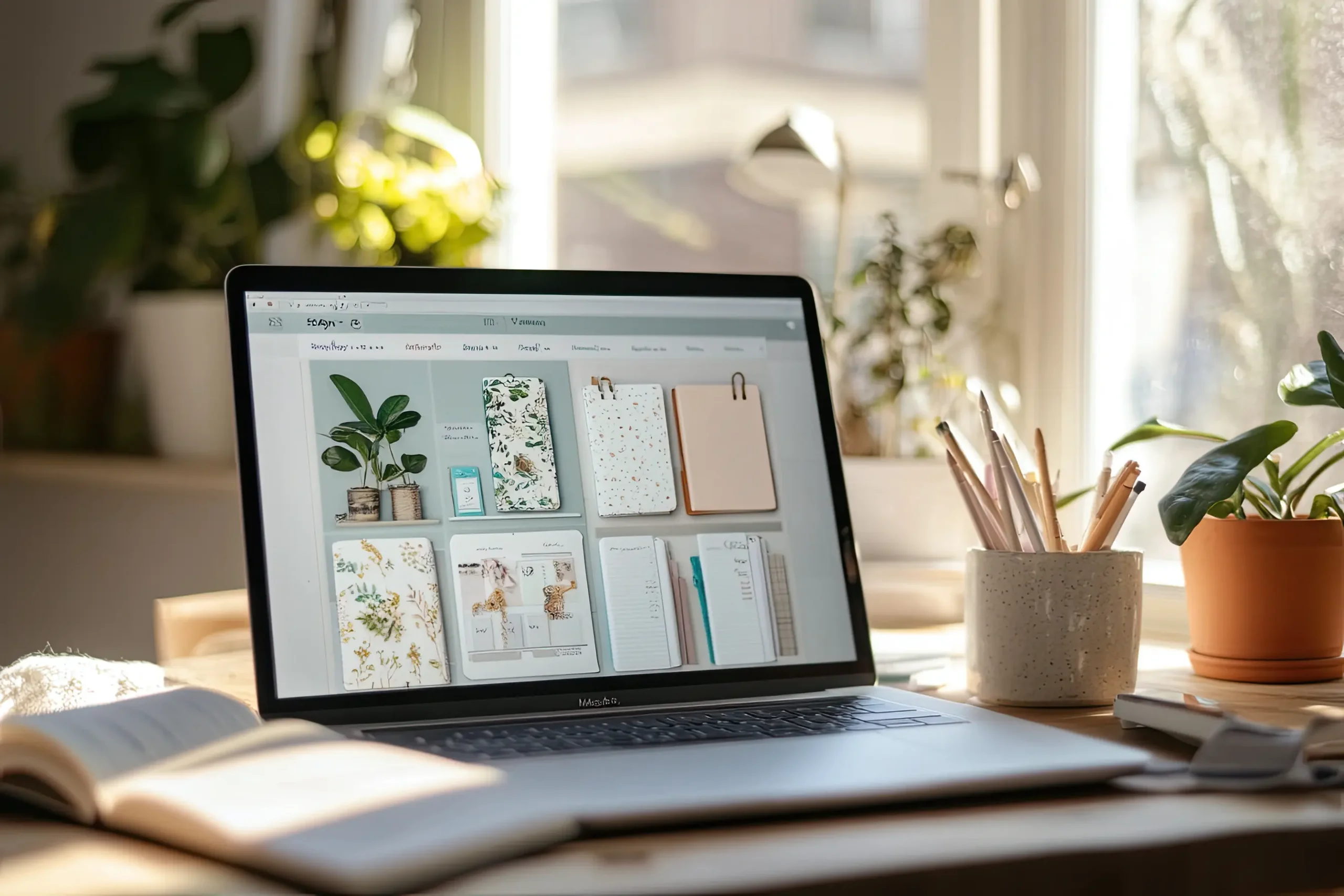 Laptop displaying digital products on Etsy, showcasing a workspace setup for a mom's side hustle.