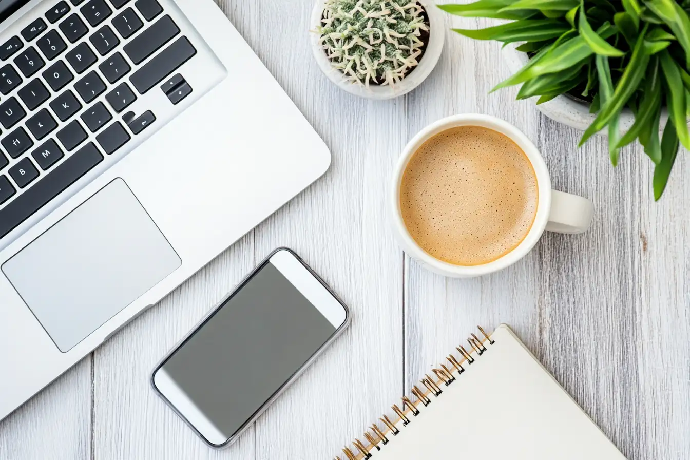 A stylish flat-lay of a laptop, smartphone, coffee, and notebook on a desk, representing the essentials of a virtual assistant’s workspace.