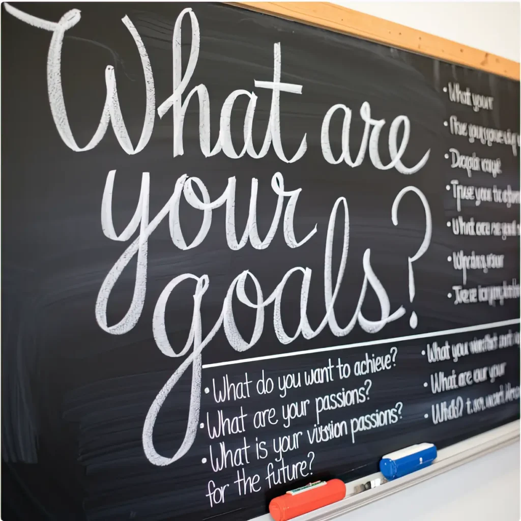 Chalkboard with the question ‘What are your goals?’ written on it, encouraging goal-setting for moms starting a side hustle.