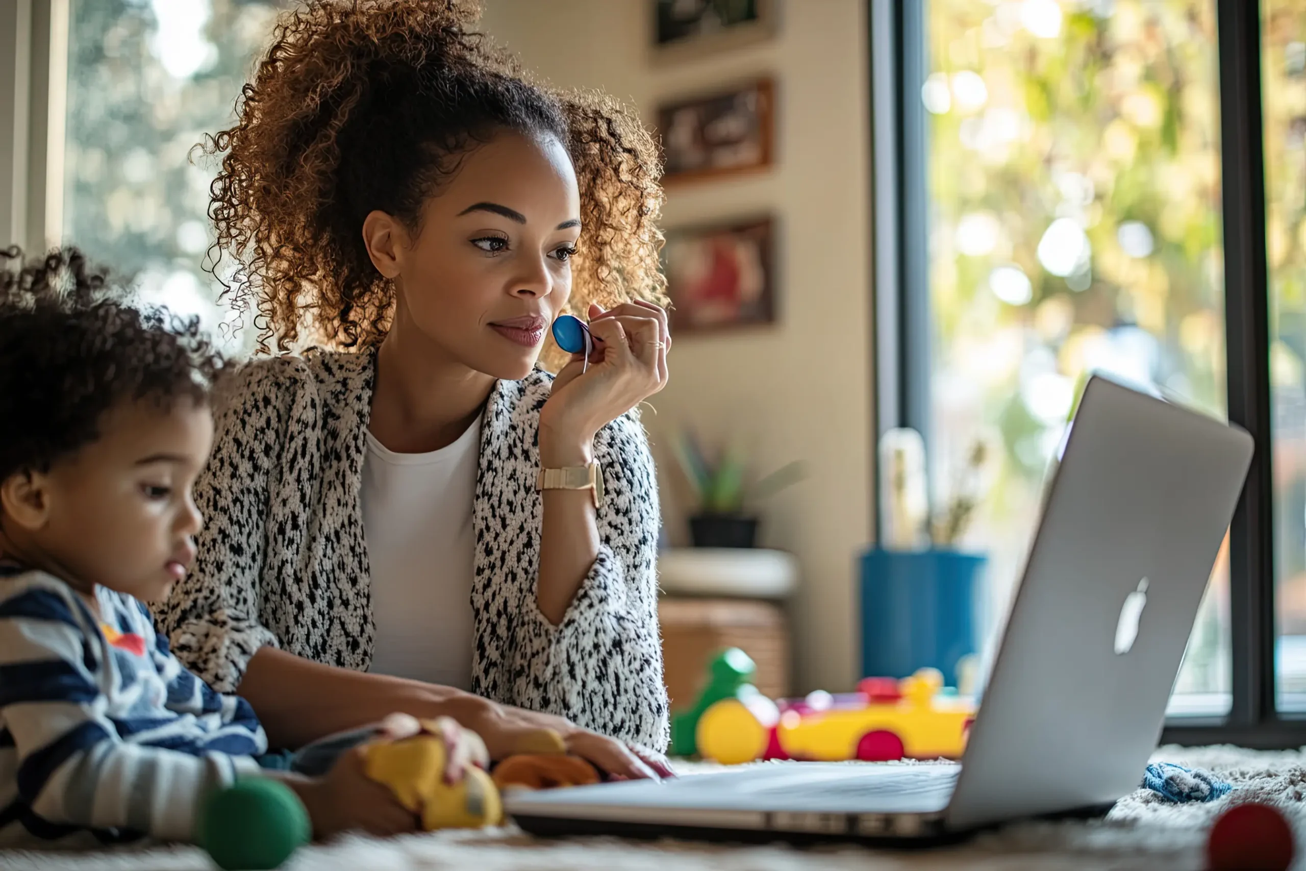 Mom working on a laptop at home with her child nearby, representing the flexibility of side hustles for moms.