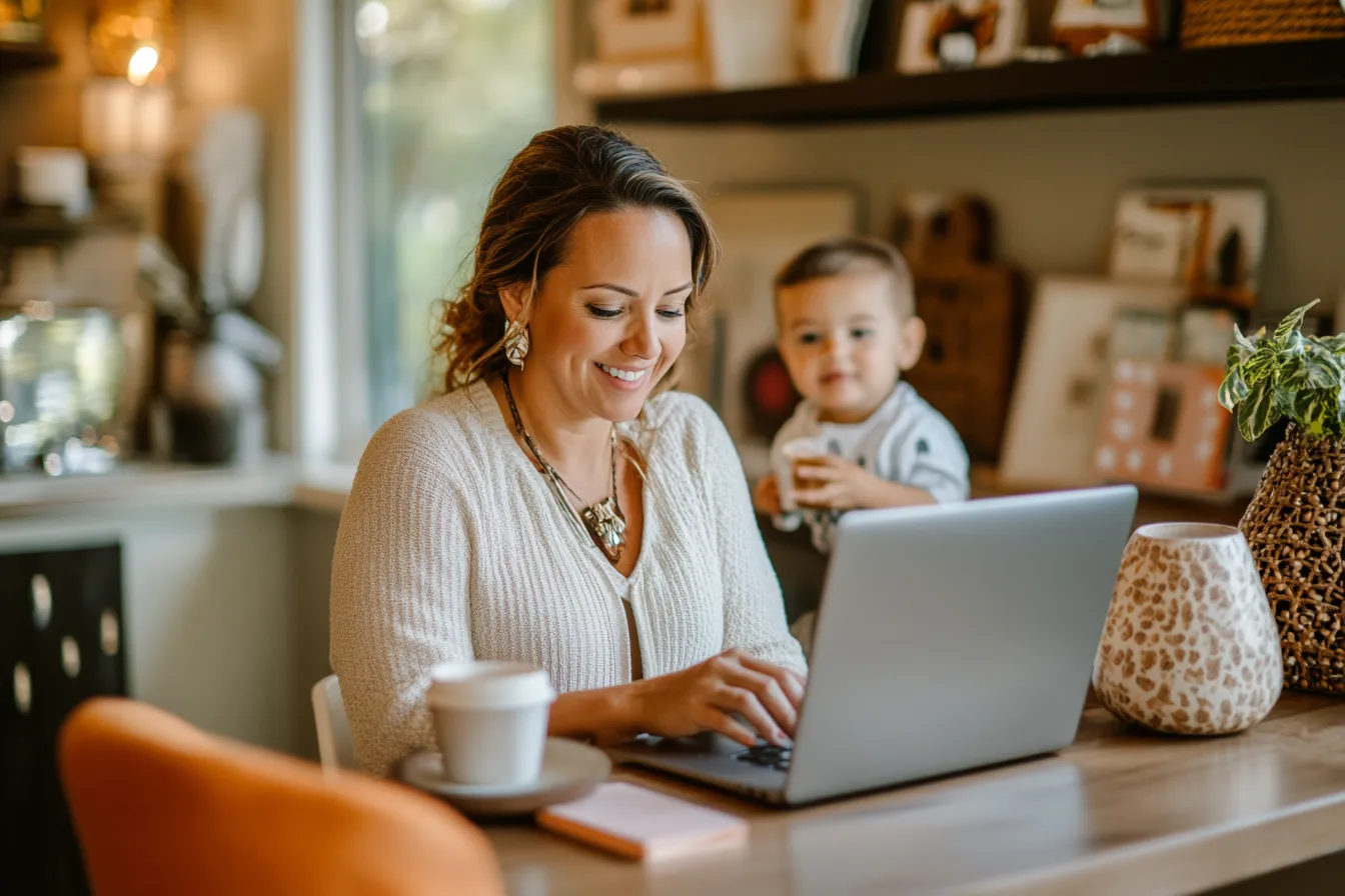 A mom working on her laptop from home with her child nearby, showcasing the flexibility of hosting Airbnb Experiences as a side hustle that fits around family life