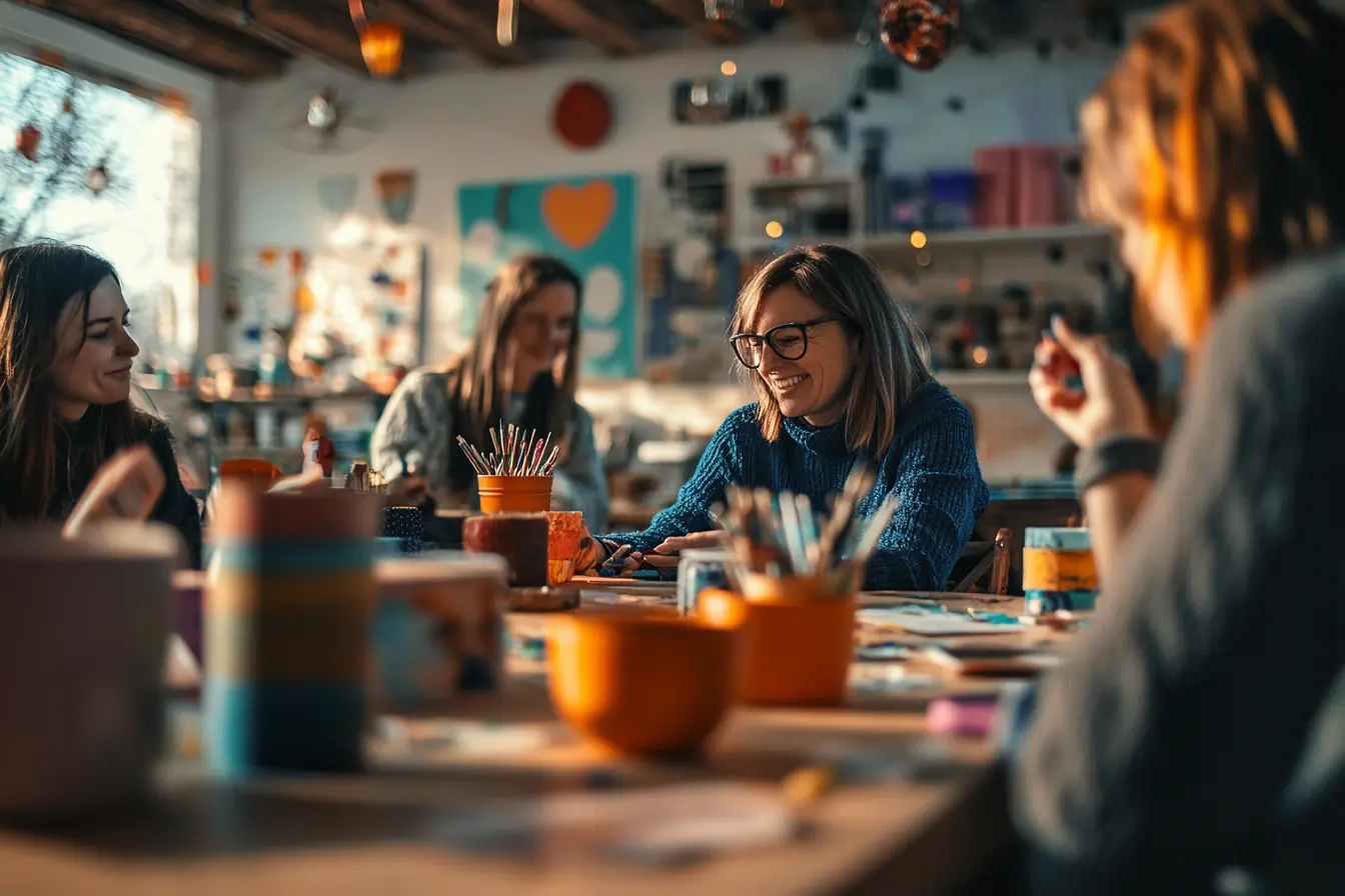 A group of women enjoying a creative workshop as part of an Airbnb Experience, highlighting the social and engaging aspect of hosting unique activities for extra income.