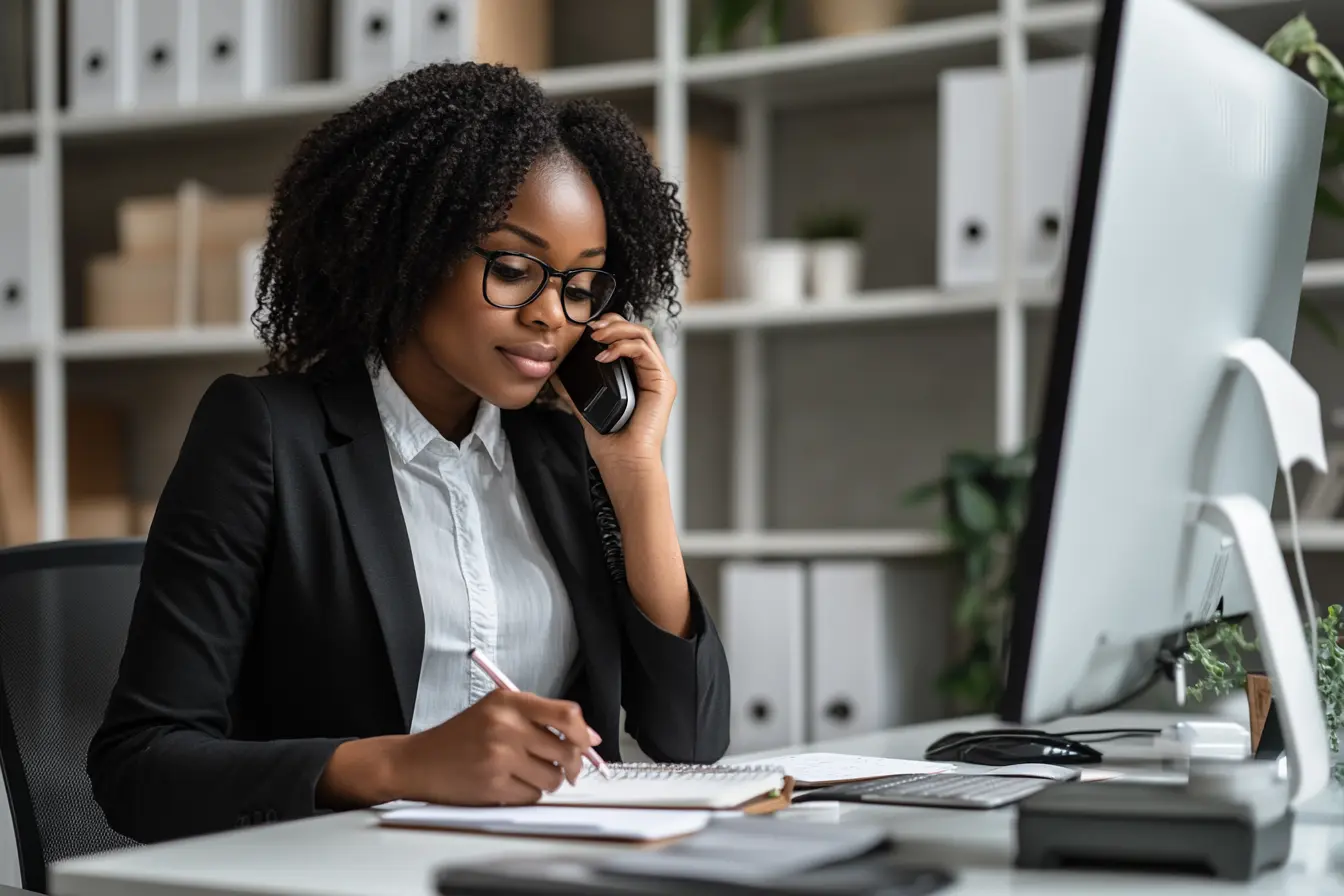 How to become a virtual assistant: professional woman in an office setting, talking on the phone and taking notes, illustrating the multitasking skills essential for virtual assistants.