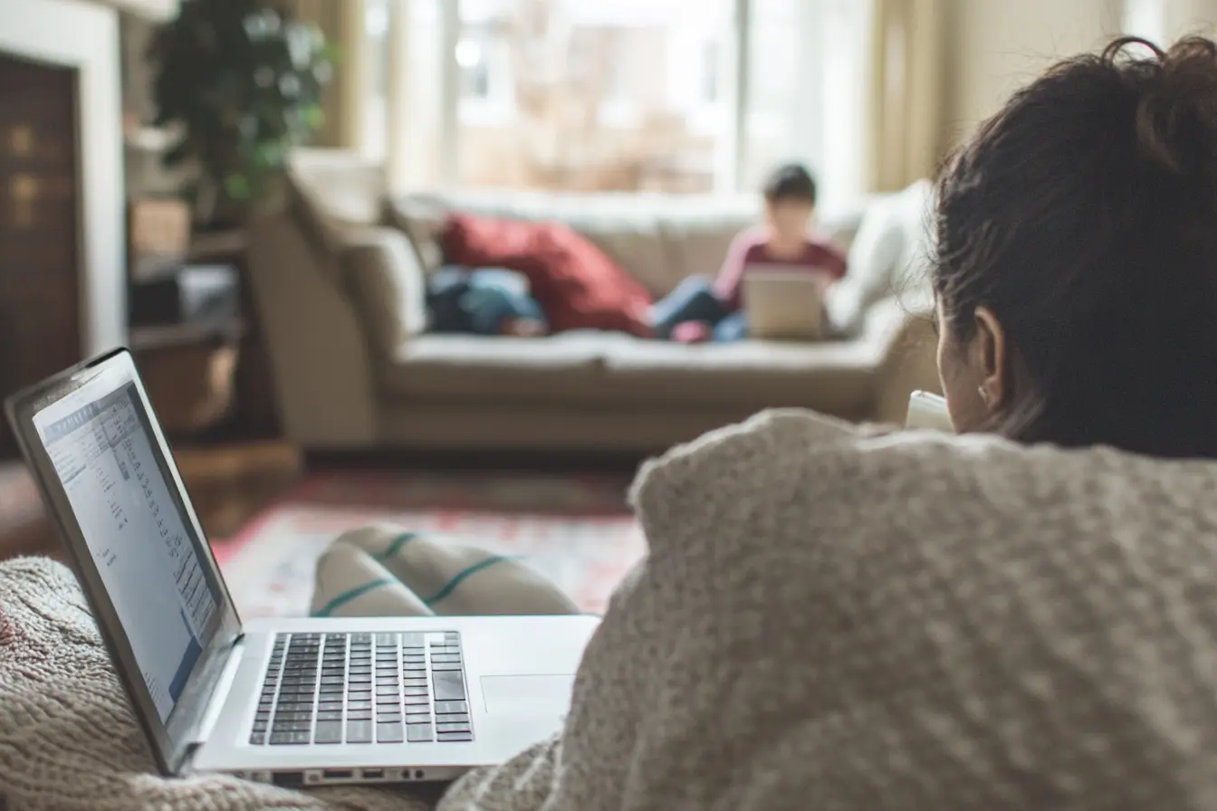 A mom working on a laptop from her cozy living room while her child works on a tablet in the background, illustrating the best side hustles for moms that allow them to work comfortably from home while staying connected with their families.