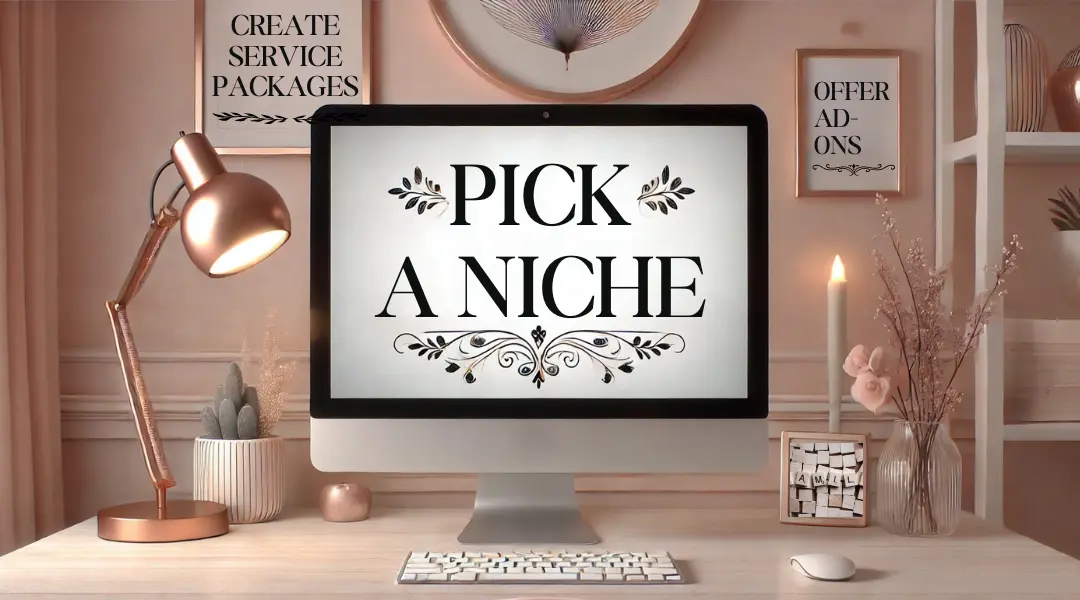 A beautifully styled home office setup with a computer screen displaying 'Pick a Niche,' highlighting the importance of choosing a niche as a virtual assistant.