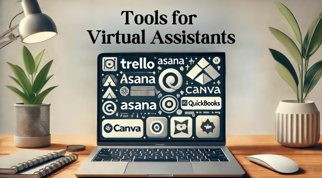 A laptop screen displaying logos of essential tools like Trello, Asana, Canva, and QuickBooks, highlighting key resources for virtual assistants.