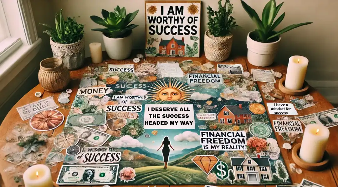 A vision board featuring affirmations like 'I am worthy of success,' 'Financial freedom is my reality,' and 'I deserve all the success headed my way,' symbolizing a mindset for success and abundance.