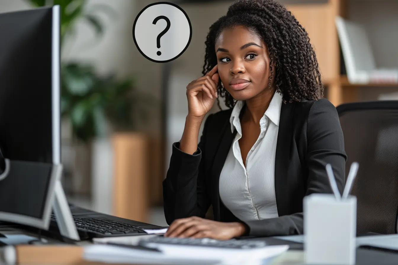 A thoughtful woman sitting at her desk with a question mark symbol, representing the common questions and considerations when starting a virtual assistant career.