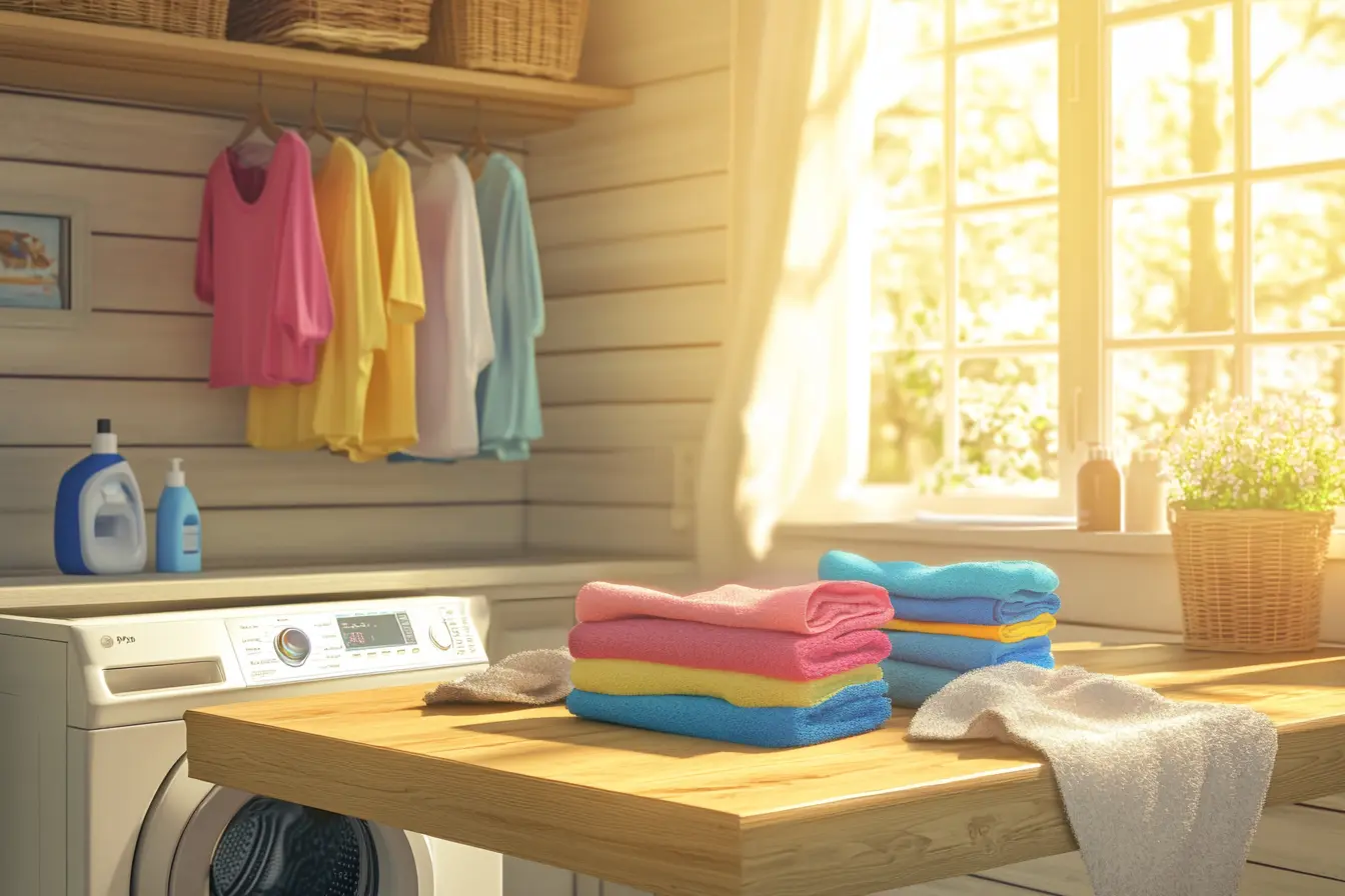 A bright laundry room with folded colorful towels on a wooden table and clean clothes hanging, symbolizing the results of a local delivery laundry service.