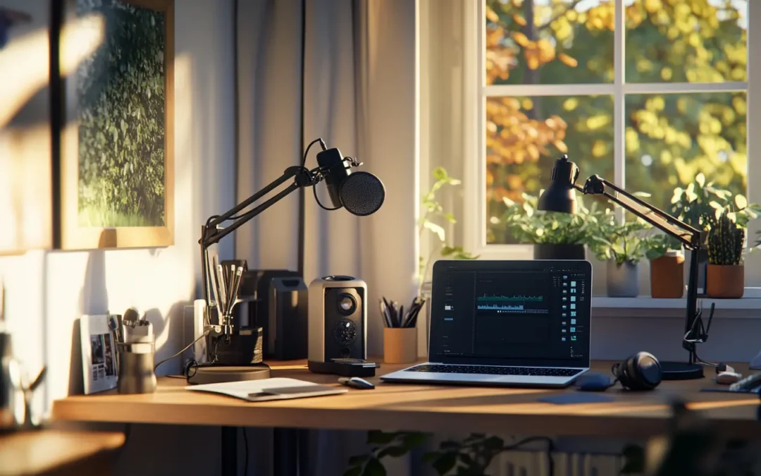 Home office setup with a microphone, laptop, and recording equipment for voiceover work from home.