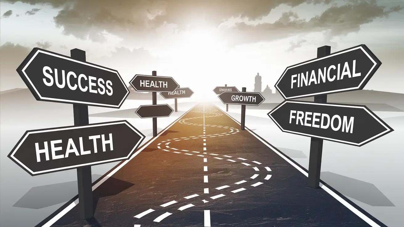 A road with signposts pointing to Success, Health, Financial Freedom, and Growth, representing the importance of goal setting in achieving personal and professional milestones.