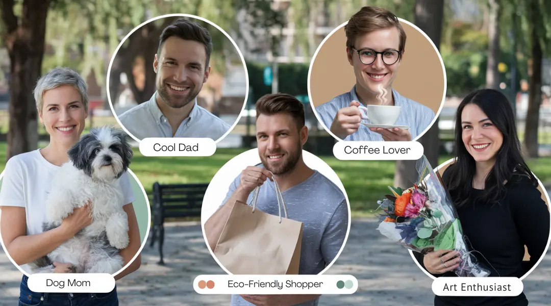 Collage of diverse people representing different target audiences for an Etsy shop, labeled as Dog Mom, Cool Dad, Eco-Friendly Shopper, Coffee Lover, and Art Enthusiast.