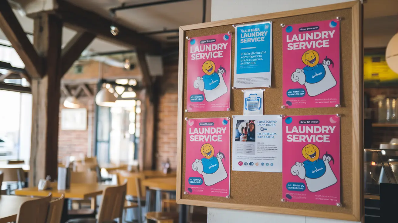 Community bulletin board with laundry service flyers, promoting local delivery laundry services at a neighborhood café.