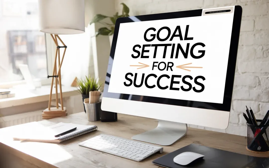 Computer screen displaying 'Goal Setting for Success' in a home office setup, representing the importance of goal setting for personal and professional success.