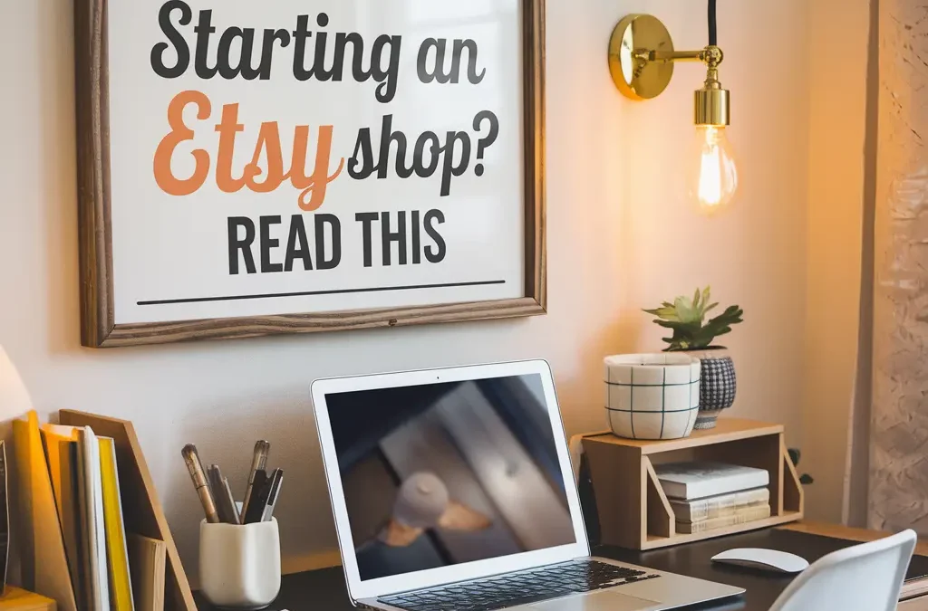 Desk setup with a framed sign that reads 'Starting an Etsy shop Read this,' ideal for those interested in launching an Etsy shop. Laptop, notepad, and office decor create a cozy, inviting workspace.