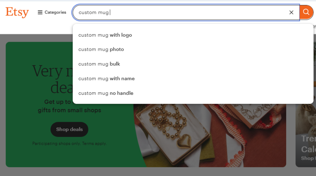 Etsy search bar with keyword 'custom mug' and suggested search terms like 'custom mug with logo,' 'custom mug photo,' 'custom mug bulk,' 'custom mug with name,' and 'custom mug no handle.