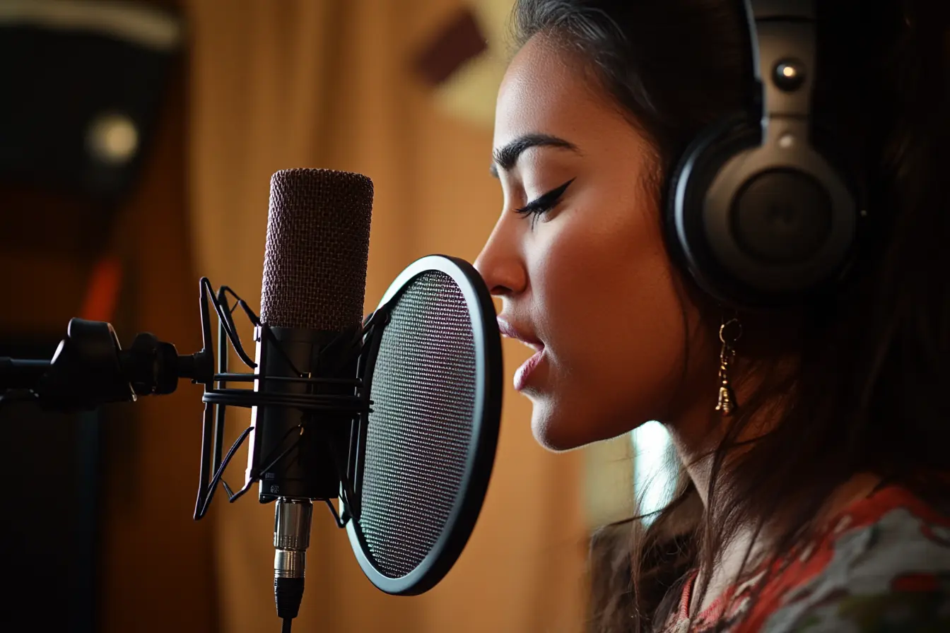 Female voiceover artist recording with a professional microphone and headphones in a home studio, focused on delivering a voiceover performance.