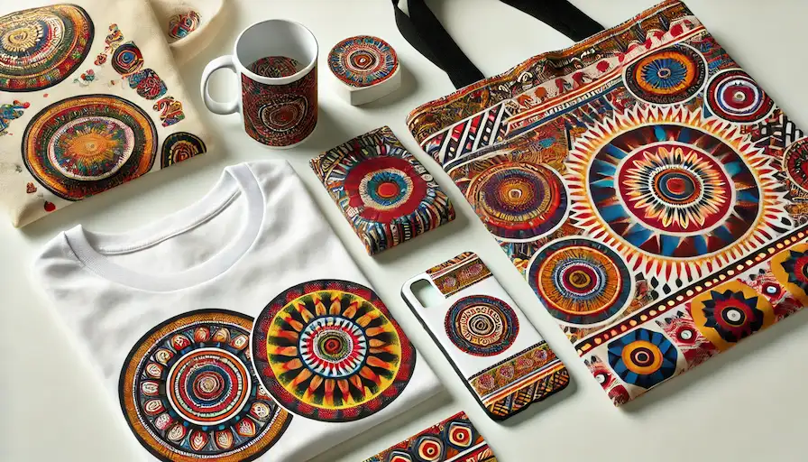 Flat lay of popular print-on-demand items, including a t-shirt, mug, tote bag, and phone case, each featuring colorful African Ankara print designs with bold, intricate geometric patterns on a white background.