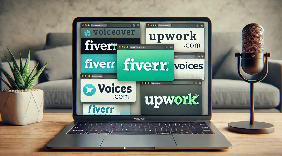 Laptop screen displaying multiple open tabs for popular voiceover platforms, including Fiverr, Voices, and Upwork, in a clean and minimalist workspace setup.