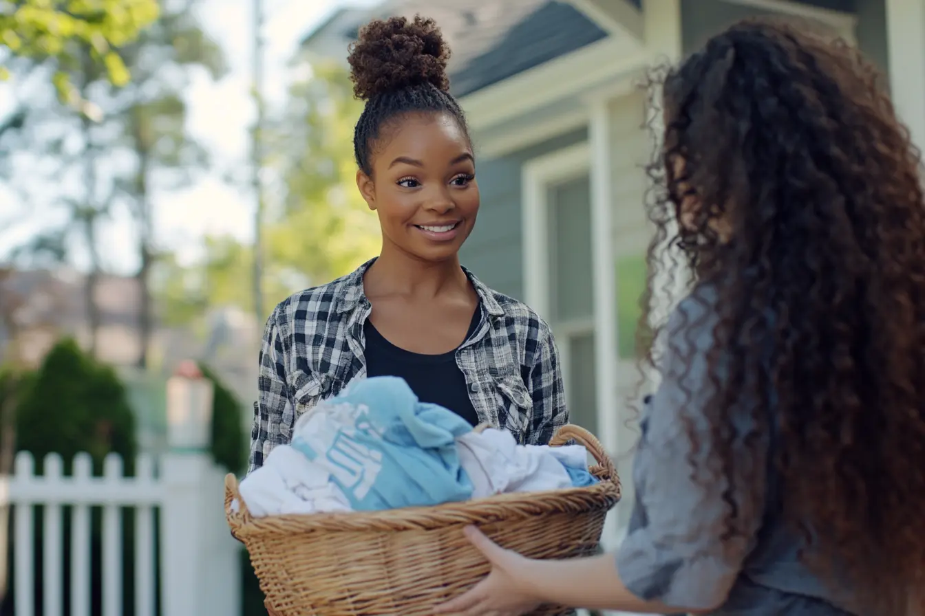 Local delivery laundry service handing over clean clothes to a customer at their doorstep.