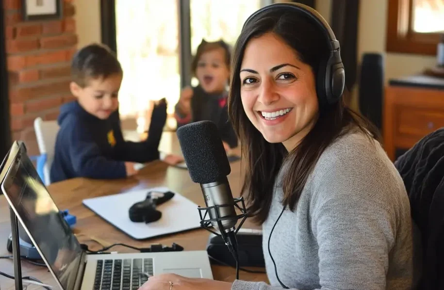 Mom recording voiceover at home with a microphone and headphones, while children play in the background, demonstrating voiceover work from home.