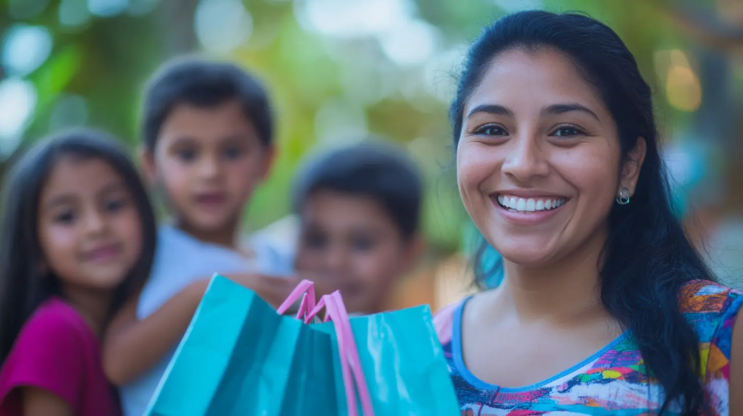 Smiling mom holding shopping bags with her children in the background, illustrating the flexibility of personal shopping as a side hustle for busy moms