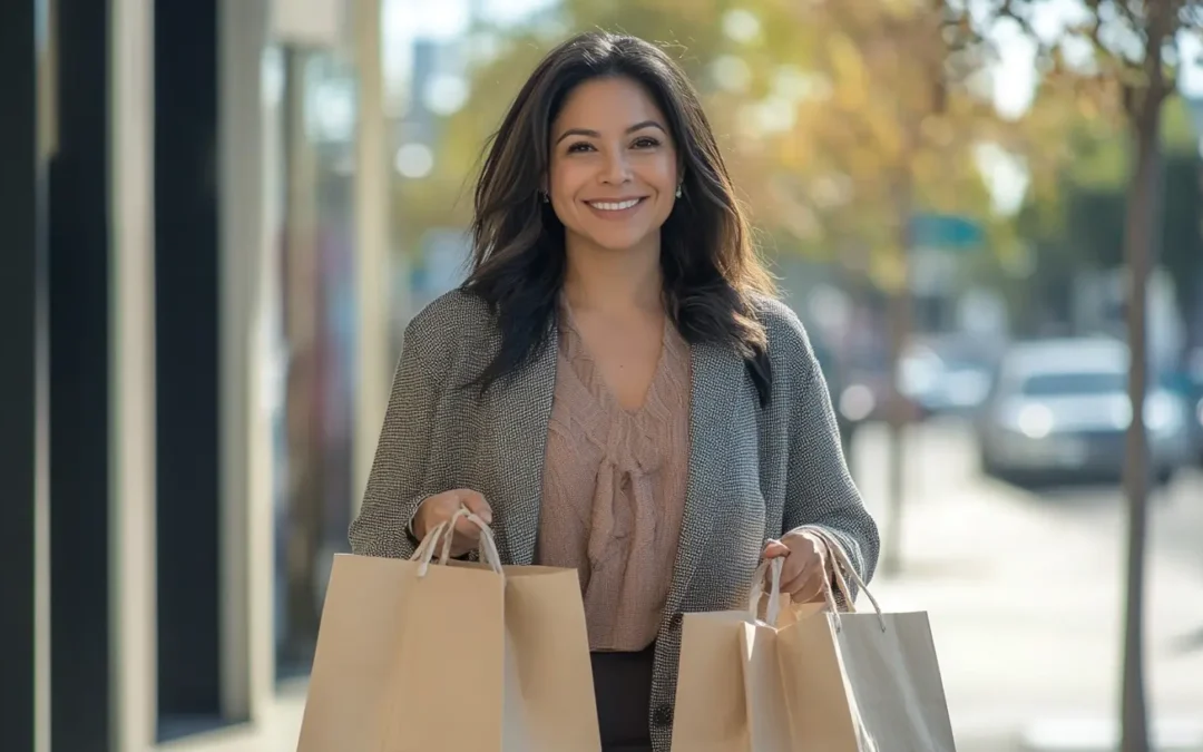 Smiling personal shopper carrying multiple shopping bags, showcasing the flexibility and joy of a personal shopper side hustle.