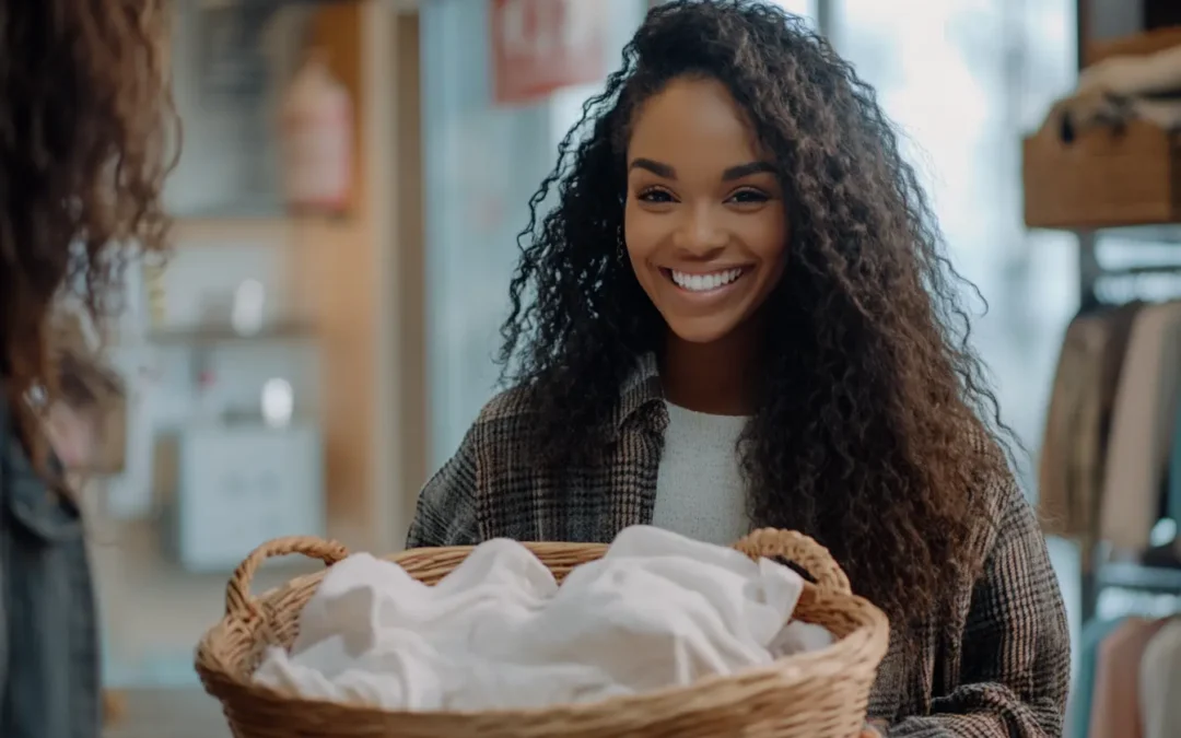 Smiling woman holding a basket of clean laundry, representing customer satisfaction with a local delivery laundry service.