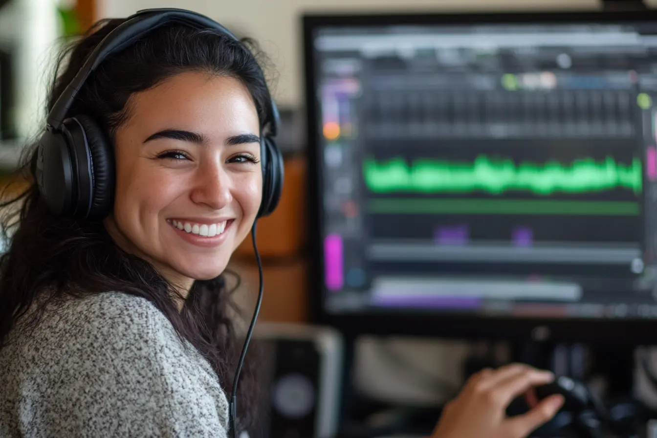 Smiling woman wearing headphones while editing audio files on a computer screen with soundwave patterns in a home studio.