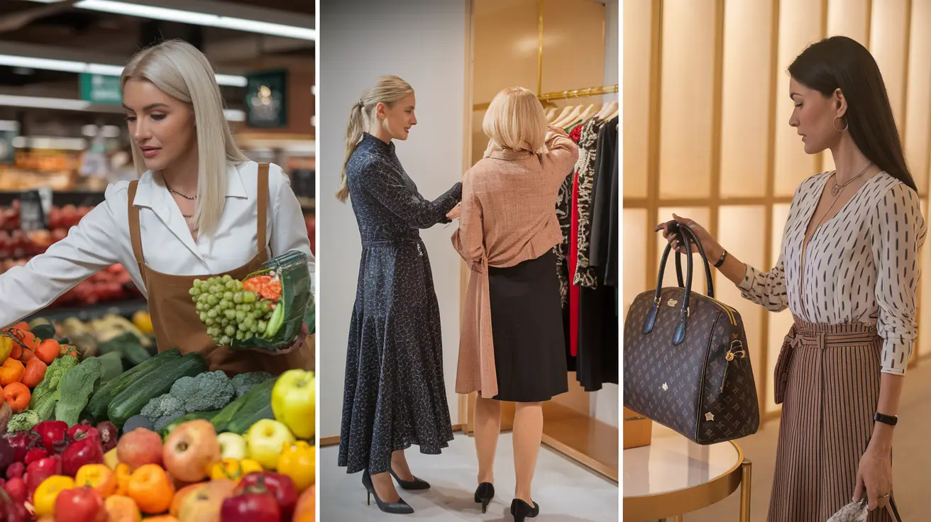 Three examples of personal shoppers: grocery shopper selecting fresh produce, fashion consultant assisting with clothing selection, and luxury shopper choosing a designer handbag.