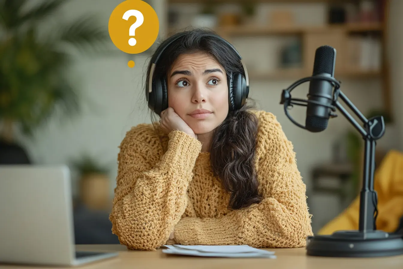 Woman wearing headphones looking confused with a question mark thought bubble, sitting in front of a microphone and laptop in a home studio.